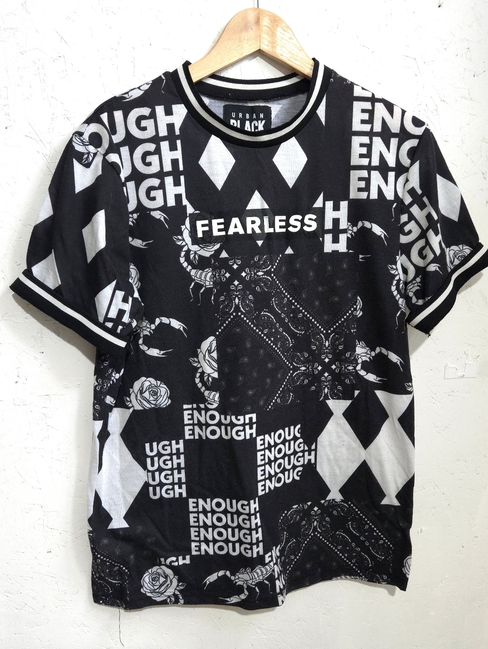 Urban Black|  Black & White 'Fearless' Graphic Mens Short Sleeve Tee